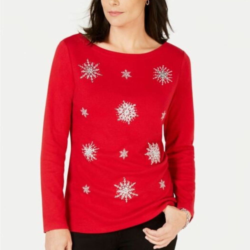 Karen Scott Petite Embellished Snowflake  New Red